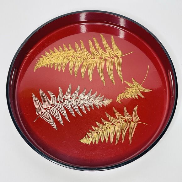 VTG Gold Silver Lacquerware Fern Rust Red Round Serving Tray 13" Marusei Japan - Picture 1 of 12